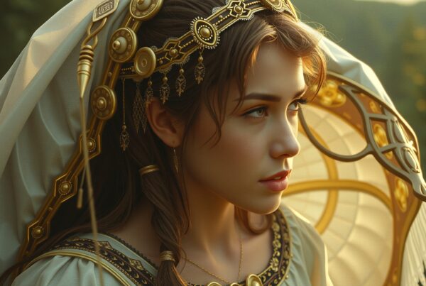 A young woman adorned with golden, ornate jewelry is illuminated by soft sunlight in a serene, natural setting, exuding timeless elegance and grace.