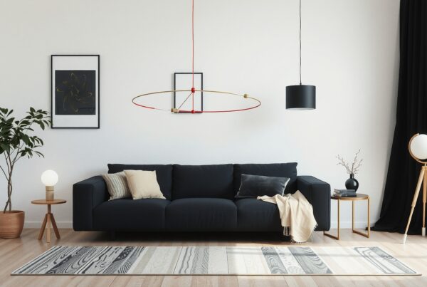 Modern living room with black sofa, pendant light, and decor.