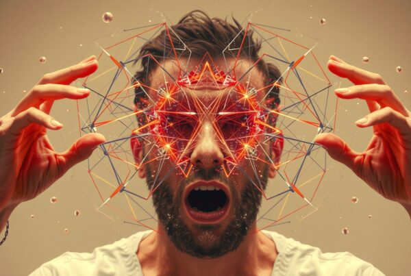 A man with abstract geometric patterns over his eyes, surrounded by glowing lines, representing technological or cognitive themes.
