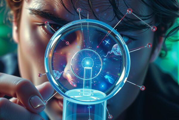 A person examines cosmic elements through a magnifying lens, reflecting vibrant scientific exploration.