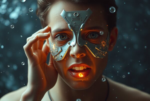 A futuristic, masked person with glowing elements surrounded by floating bubbles.