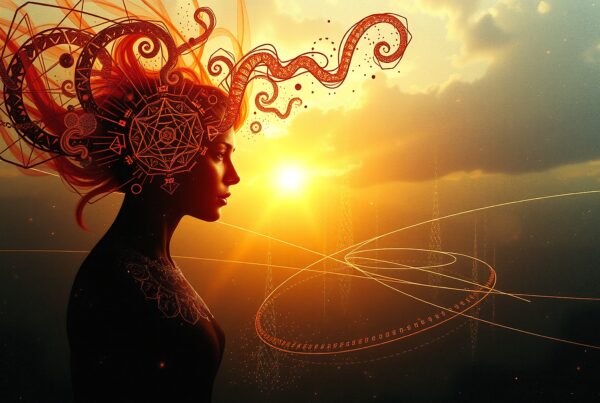 A silhouetted figure against a sunset sky with surreal, geometric hair designs.