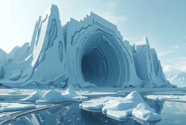 A vast icy structure with a tunnel entrance surrounded by ice floes and mountains.