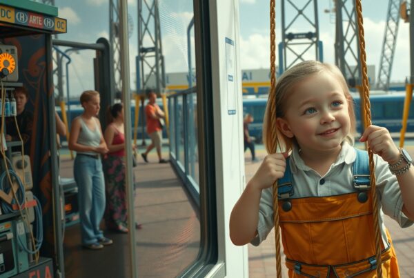 A smiling girl in orange overalls swings happily at a busy train station on a sunny day.