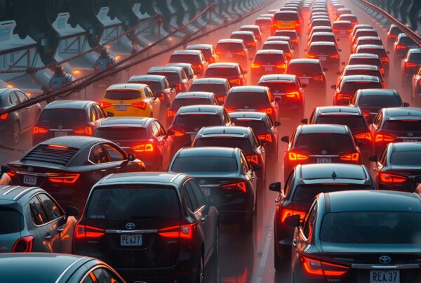 A line of cars stuck in heavy traffic on a busy city highway during peak hours, with glowing brake lights on display.