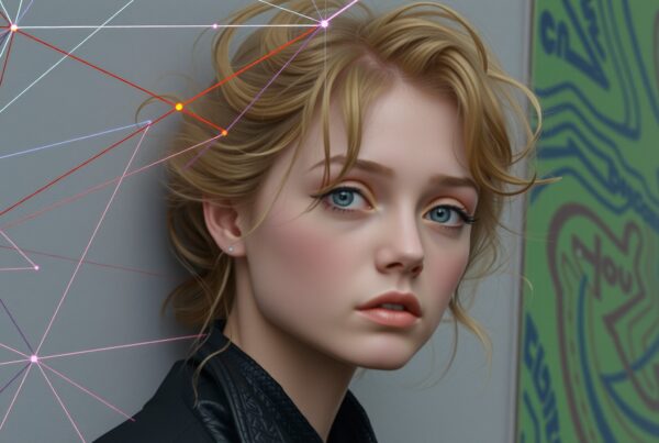 Young woman with blonde hair and serene expression, abstract mural background.