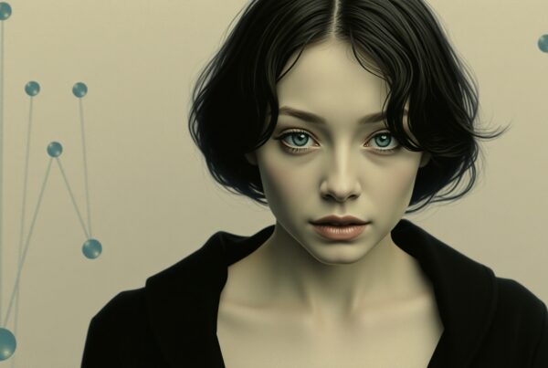 A young person with short dark hair and blue eyes against a beige background with blue spheres.