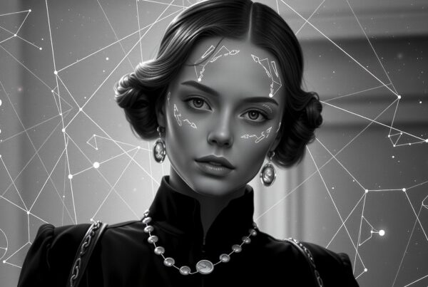 Grayscale portrait of woman with celestial constellation backdrop and elegant jewelry.