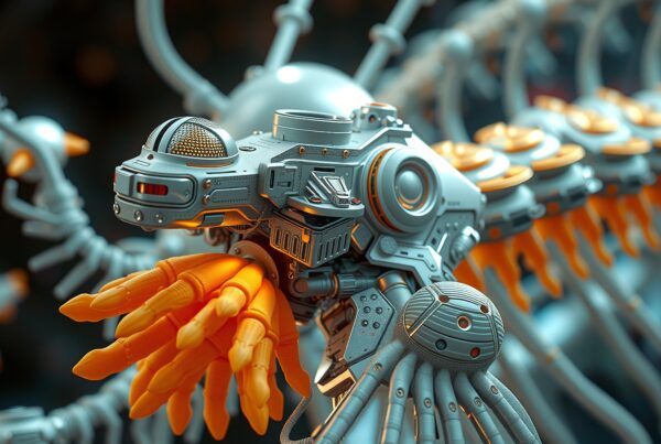 A futuristic robotic creature with advanced mechanical appendages, featuring silver and orange design elements.