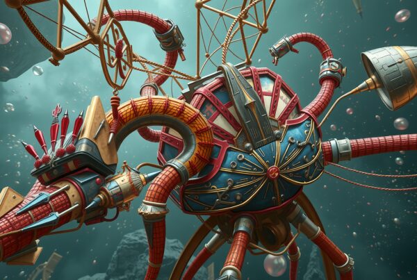 A steampunk machine with tubes and gears set in an underwater environment.