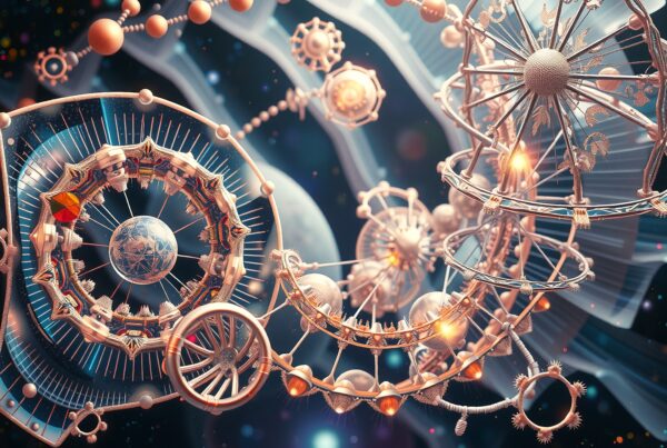 Futuristic abstract machine in space with intricate gears.