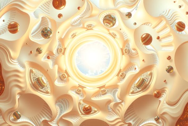Ambient abstract scene with swirling shapes and glowing sphere capturing cosmic essence.