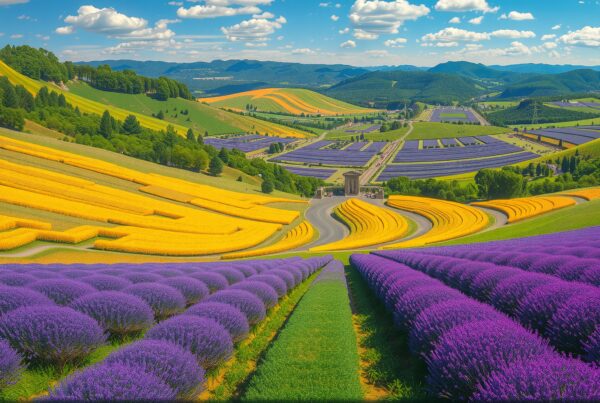 An expansive landscape of lavender and yellow flower fields set against rolling hills and a blue sky.