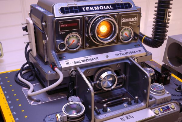 A futuristic machine with glowing dials, wires, and a digital display on an industrial panel.