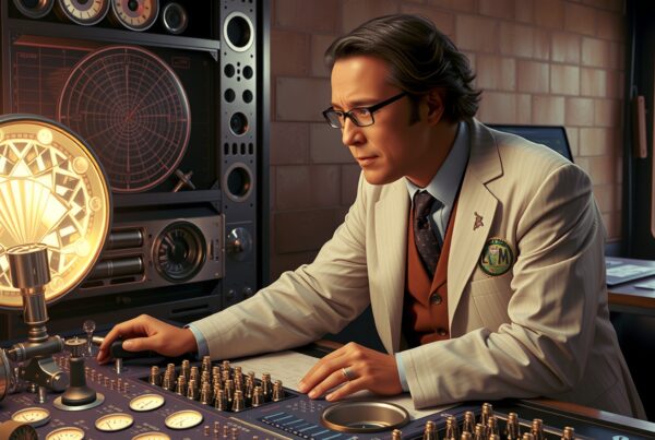 A focused man in a vintage suit operates a retro control panel with glowing dials and numerous buttons.