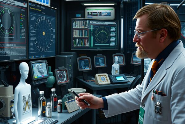 Scientist examines data in a high-tech laboratory setting.