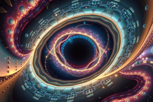 Abstract space-themed vortex of glowing patterns and colors.