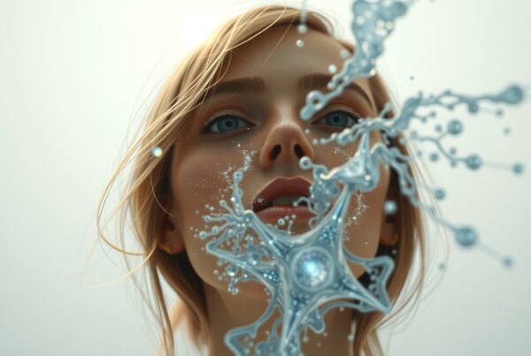 Artistic close-up of woman with intricate blue splash.