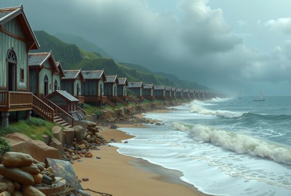 Row of seaside cottages against a rugged shoreline with calm waves and sailboats in the background.