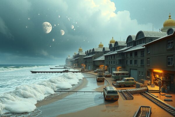 A surreal urban waterfront with celestial skies and golden-domed architecture.