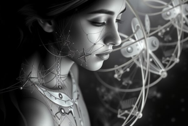 Grayscale portrait of a woman with intricate jewelry-like patterns and a celestial background, conveying serenity and fantasy.