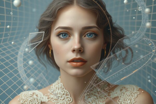 A young woman with blue eyes surrounded by geometric digital patterns in a futuristic setting.
