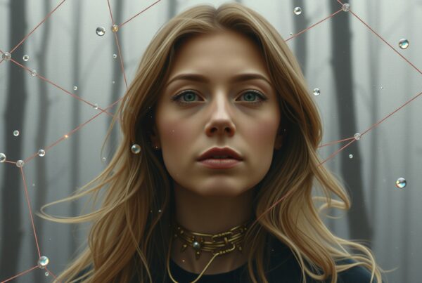 Young woman with geometric string design in a mystical forest.