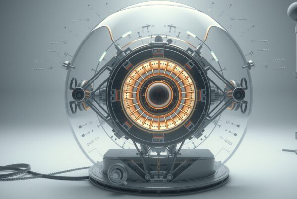 Futuristic machine with glowing central core encapsulated in a transparent sphere, showcasing intricate design and advanced technology.