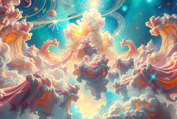 A whimsical cosmic scene with swirling, colorful clouds and celestial elements, blending fantasy and space seamlessly.