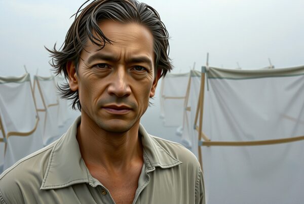 Portrait of a contemplative man against blurred, foggy background with fabric panels.