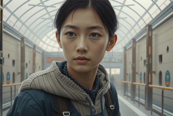 Portrait of a young girl in a futuristic indoor setting with expressive eyes.