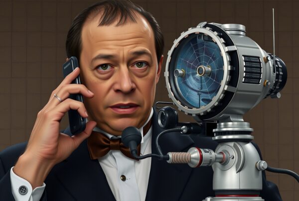 A man in a suit talks on a phone beside a futuristic device.