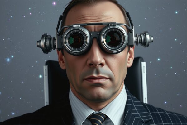 A man in steampunk goggles with a starry sky background.