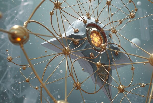 A futuristic star-shaped structure with gold latticework and glowing core.