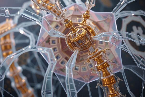 Intricate futuristic golden structure with transparent crystalline branches.