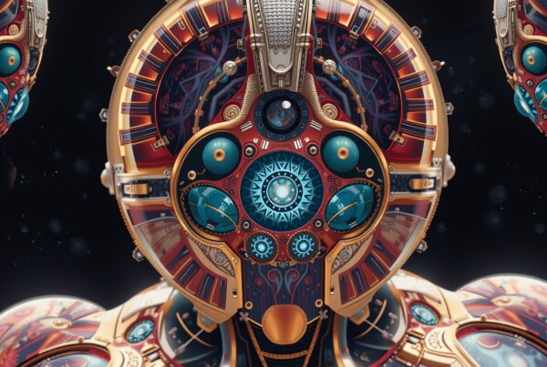 Intricate futuristic robot with vibrant colors and mechanical details.