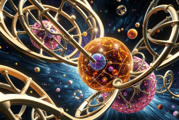 A cosmic scene with golden rings and colorful spheres.