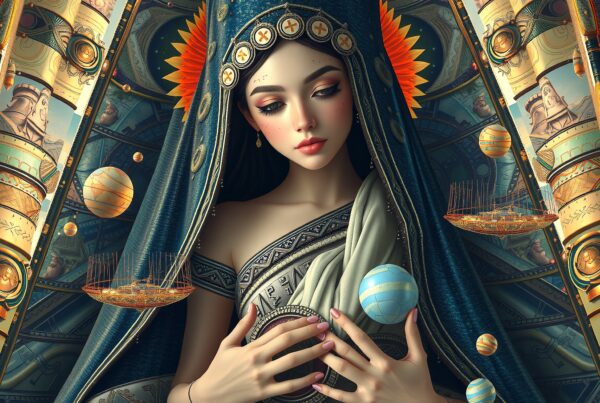 A mystical woman with celestial adornments and cosmic elements creates a captivating and dreamlike scene.