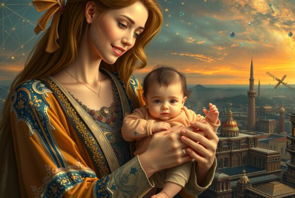 A mother in a golden robe holds her baby against a fantastical sunset cityscape.