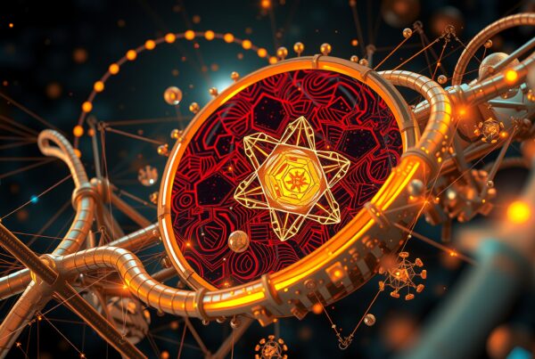 A complex futuristic network design with glowing geometric patterns and interconnected metallic elements.