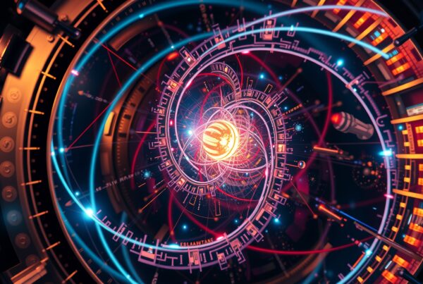 Futuristic digital image of glowing energy core with concentric designs and vibrant sci-fi elements.