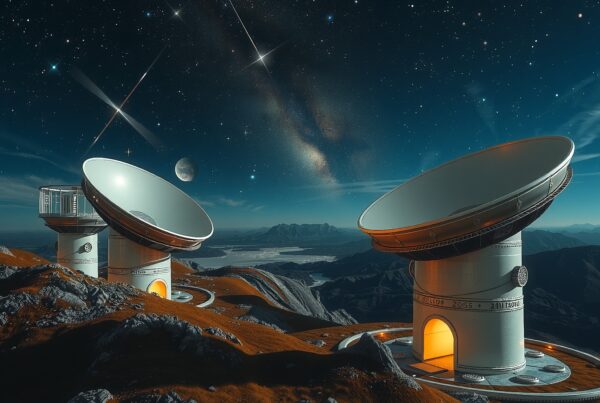 Two large satellite dishes in a rocky landscape under a starry night sky.