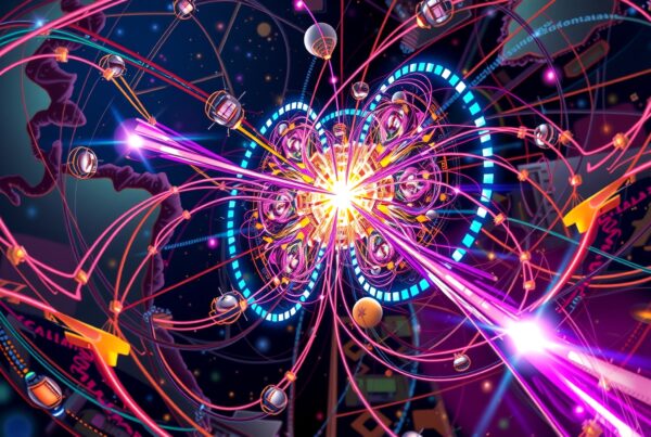 Abstract depiction of high-energy particle collision in space with swirling vibrant lines, small satellites, and a central burst of light, symbolizing technological advancement.