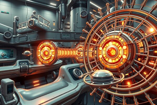 A futuristic laboratory with advanced glowing machinery and digital technology.