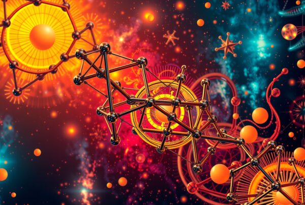 A vibrant abstract digital artwork depicting geometric molecular structures against a cosmic background.
