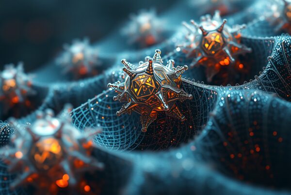 Abstract sci-fi scene with glowing geometric shapes on mesh.