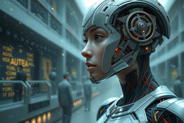 Futuristic humanoid cyborg in urban environment.