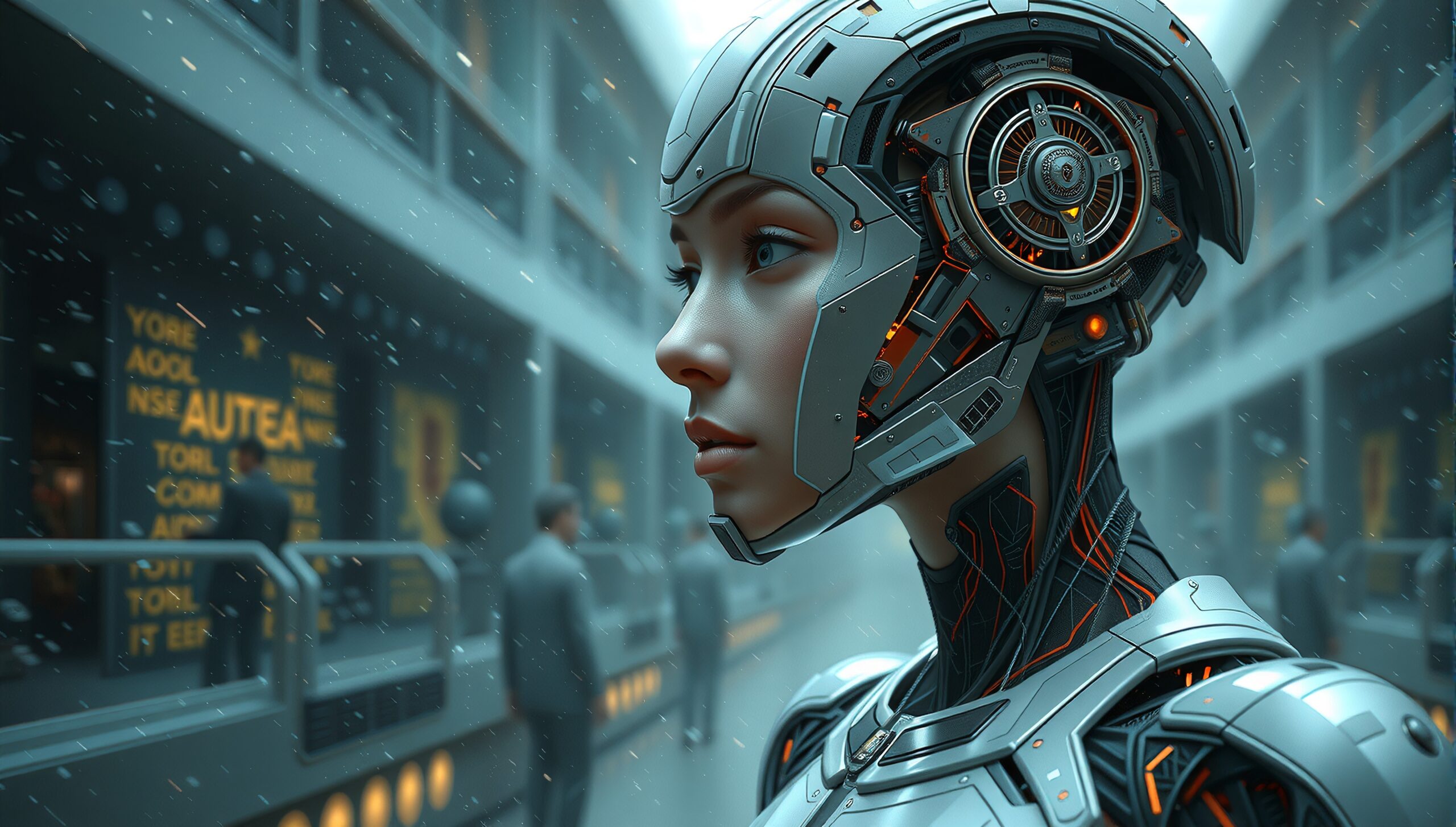 Cyborg Stares in Futuristic City