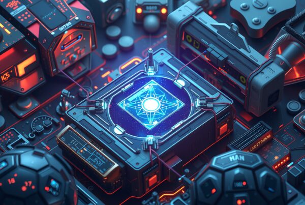 Futuristic control interface with glowing centerpiece, surrounded by advanced electronic devices and circuits.