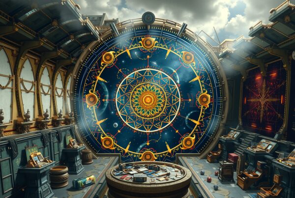 A grand observatory featuring a massive celestial wheel with intricate designs and glowing symbols, evoking astrological exploration.